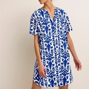 Next Blue White Abstract Linen Mini Dress Size M